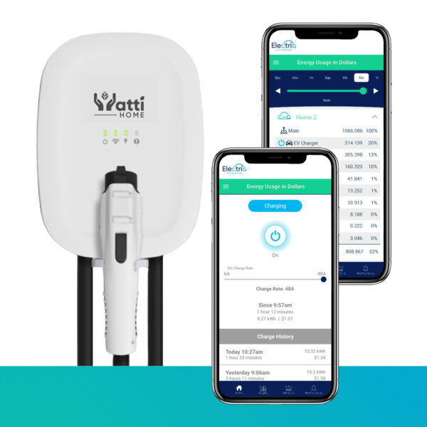 Watti Home 40/48A At Home EV Charger with an image of Mobile App